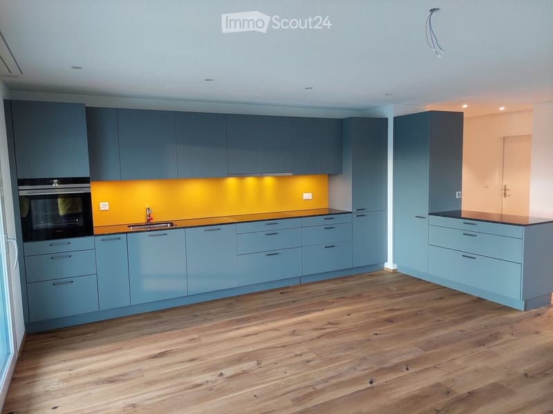 Modern kitchen with light blue cabinets, wooden flooring, and a bright orange backsplash.