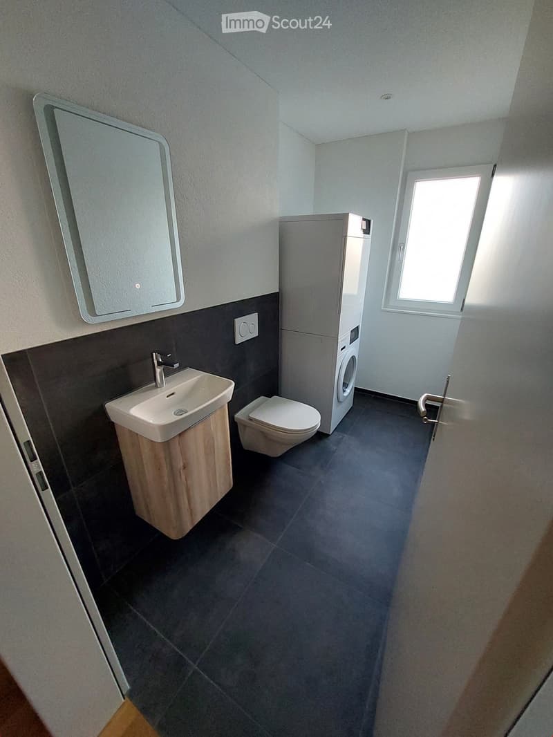 Modern bathroom with dark tiled floor, light grey walls, a white sink with wooden cabinet, a toilet, a washing machine, and a large mirror above the sink.