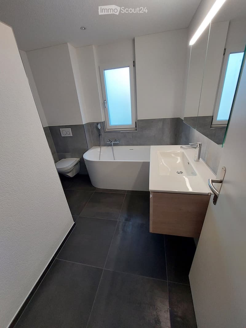 Modern bathroom with a white bathtub, a sink with a faucet, a toilet, and a large mirror. The room features dark tiled flooring and grey walls.