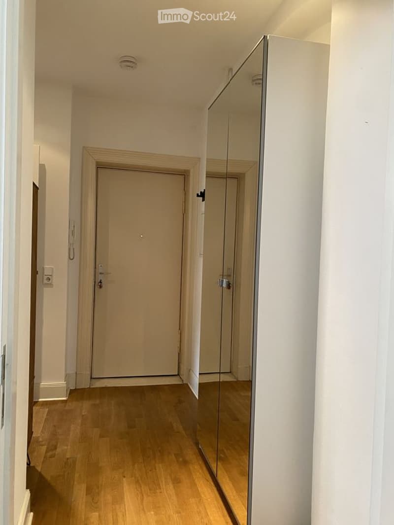 A narrow hallway with wooden flooring, white walls, and a closed door at the end. A large mirrored cabinet is visible on the right side.