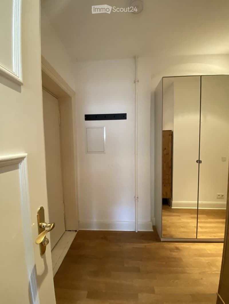 A narrow hallway with light wooden flooring, white walls, and a large mirrored closet on the right side. A door is visible on the left, and a small window is near the ceiling on the left wall.