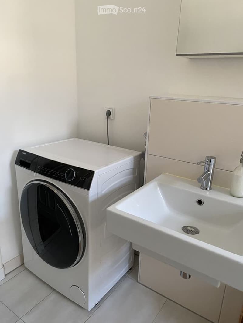 Bathroom with a white washing machine, a white sink with a silver faucet, and a bottle on the sink.