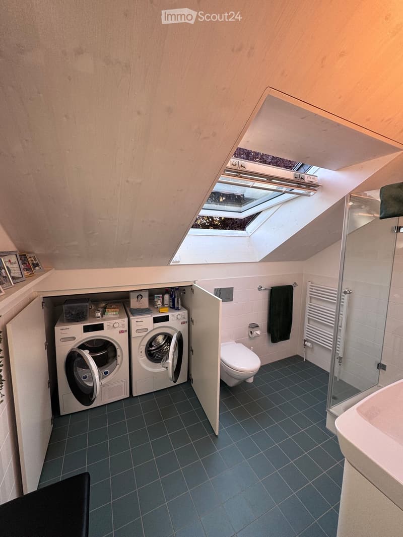 Compact bathroom with dark blue tiles, white fixtures, and a skylight window. Includes a washing machine, dishwasher, toilet, sink, and radiator.