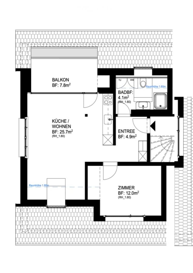 Floor plan showing a kitchen/living area, bedroom, bathroom, entrance, and balcony.