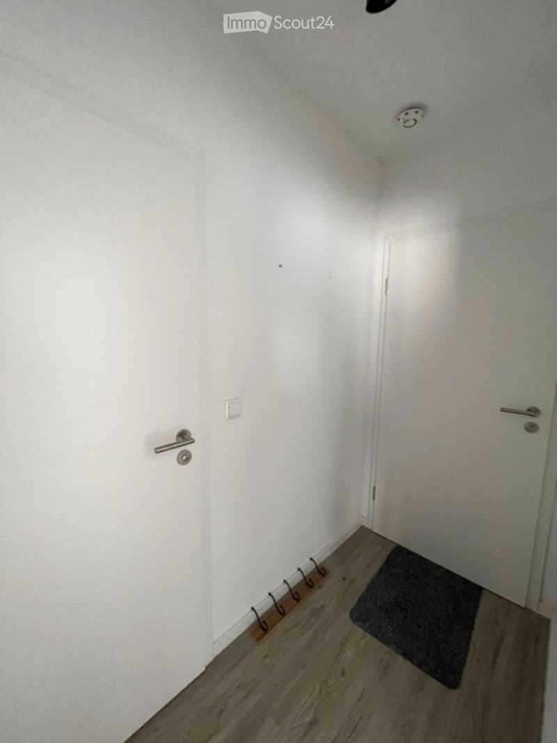 A narrow hallway with white walls, wooden flooring, and two doors. A small dark-colored rug is placed near the right door.