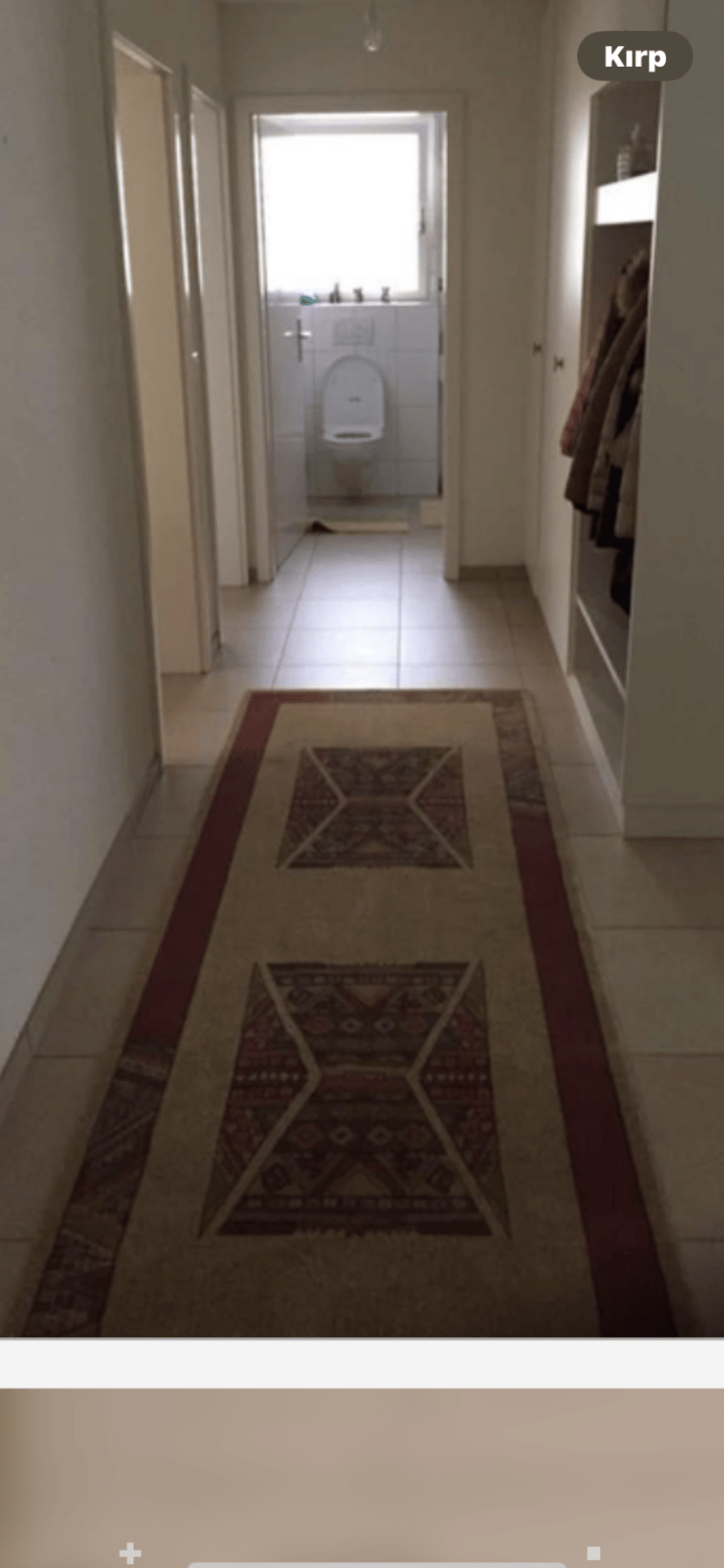 A narrow hallway with tiled flooring, two patterned rugs, and a visible bathroom at the end.