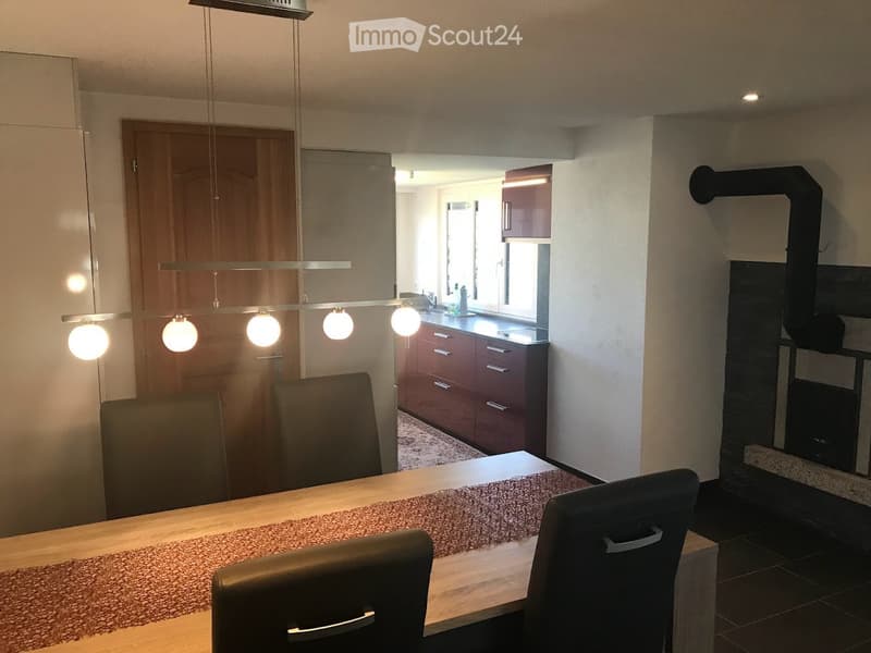 Modern dining area with a wooden table, chairs, and a kitchen area featuring cabinets, a sink, and a fireplace.