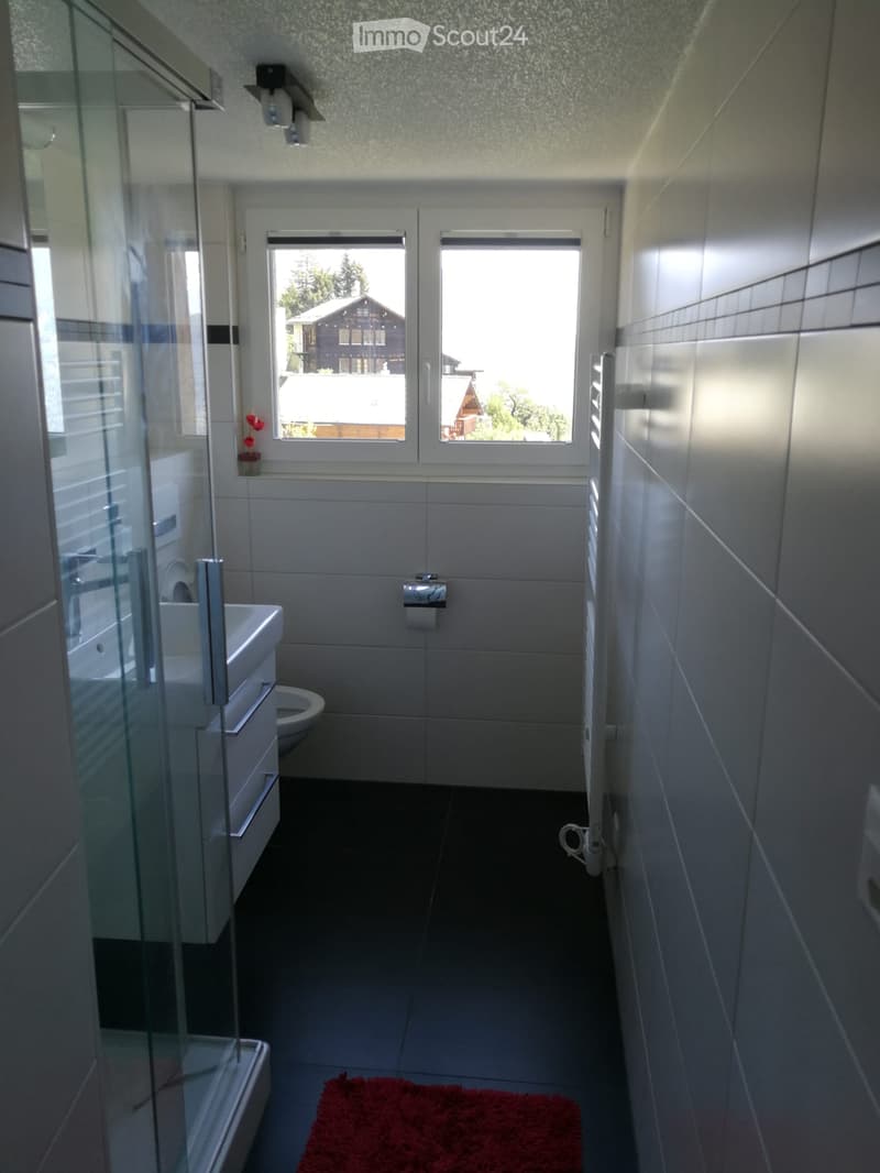 Modern bathroom with white tiles, a glass-enclosed shower, a sink, and a toilet. The room features a red bath mat and a window with a view of the outside.