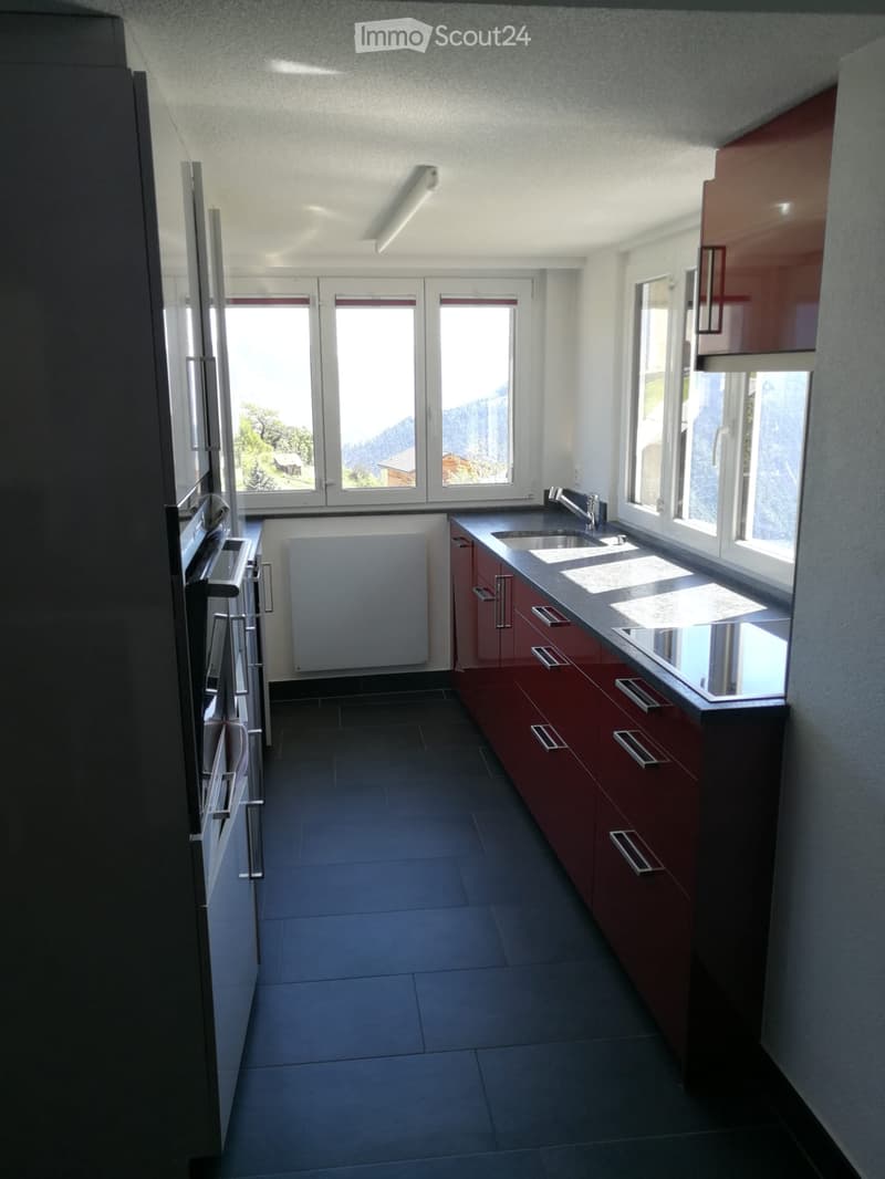 Modern kitchen with dark tiles, red cabinets, stainless steel sink, and large windows overlooking a scenic view.