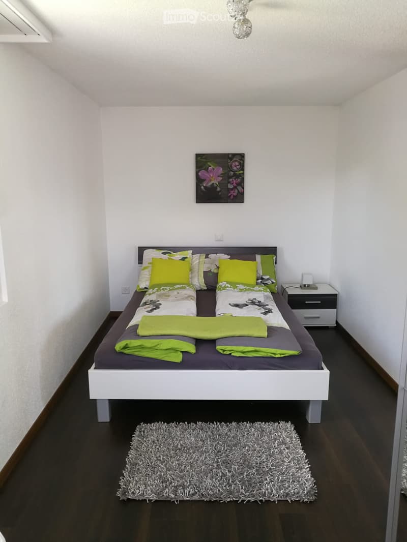 Modern bedroom with a white bed frame, green and grey bedding, a nightstand with a lamp, and a decorative rug on dark wooden flooring.