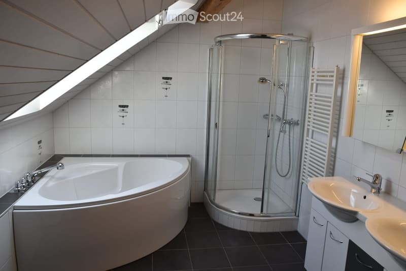 Modern bathroom with a curved bathtub, glass-enclosed shower, double sink, and a built-in radiator. The space features white tiles and a skylight window for natural light.
