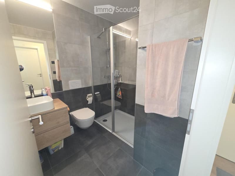 Modern bathroom with a glass-enclosed shower, toilet, sink, and wooden cabinet. Features a towel hanging on a rack and a mirror above the sink.