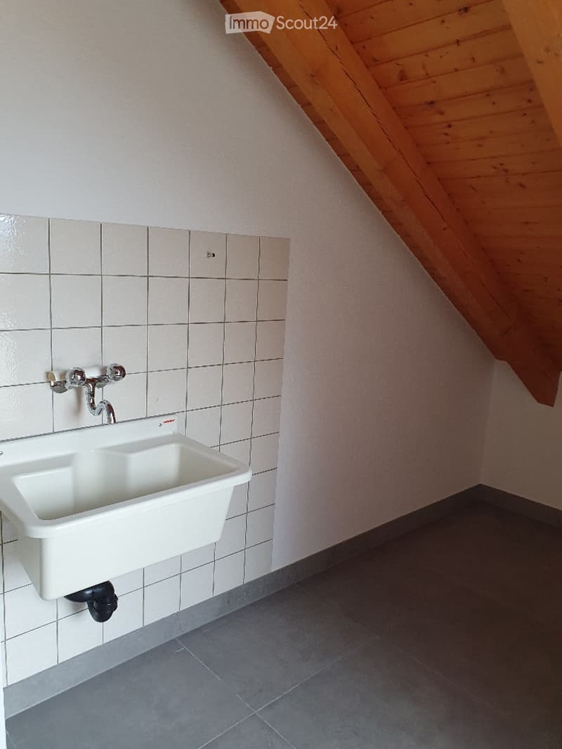 A small bathroom with a white sink mounted on a tiled wall, featuring a simple faucet and a wooden slanted ceiling.