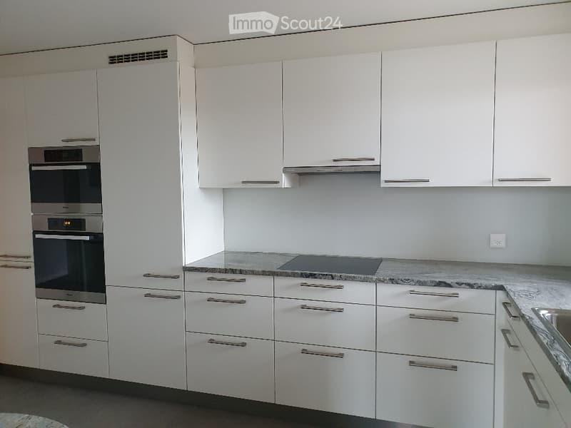 Modern kitchen with white cabinets, stainless steel oven, induction cooktop, and granite countertop.