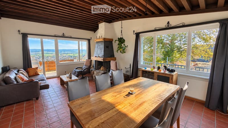 Cozy living and dining area with exposed wooden beams, a fireplace, large windows offering a scenic view, a sofa, a coffee table, a dining table with chairs, and decorative items.