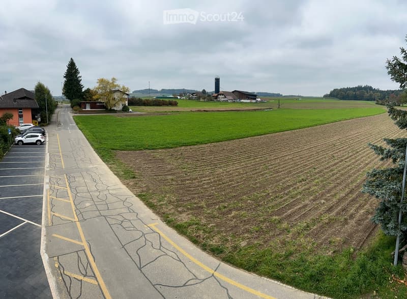 Wide green field, several buildings, cars parked, large silo in the background