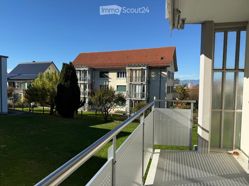 Balcony overlooking a grassy area with trees and neighboring buildings, featuring a metal railing and a perforated white screen.