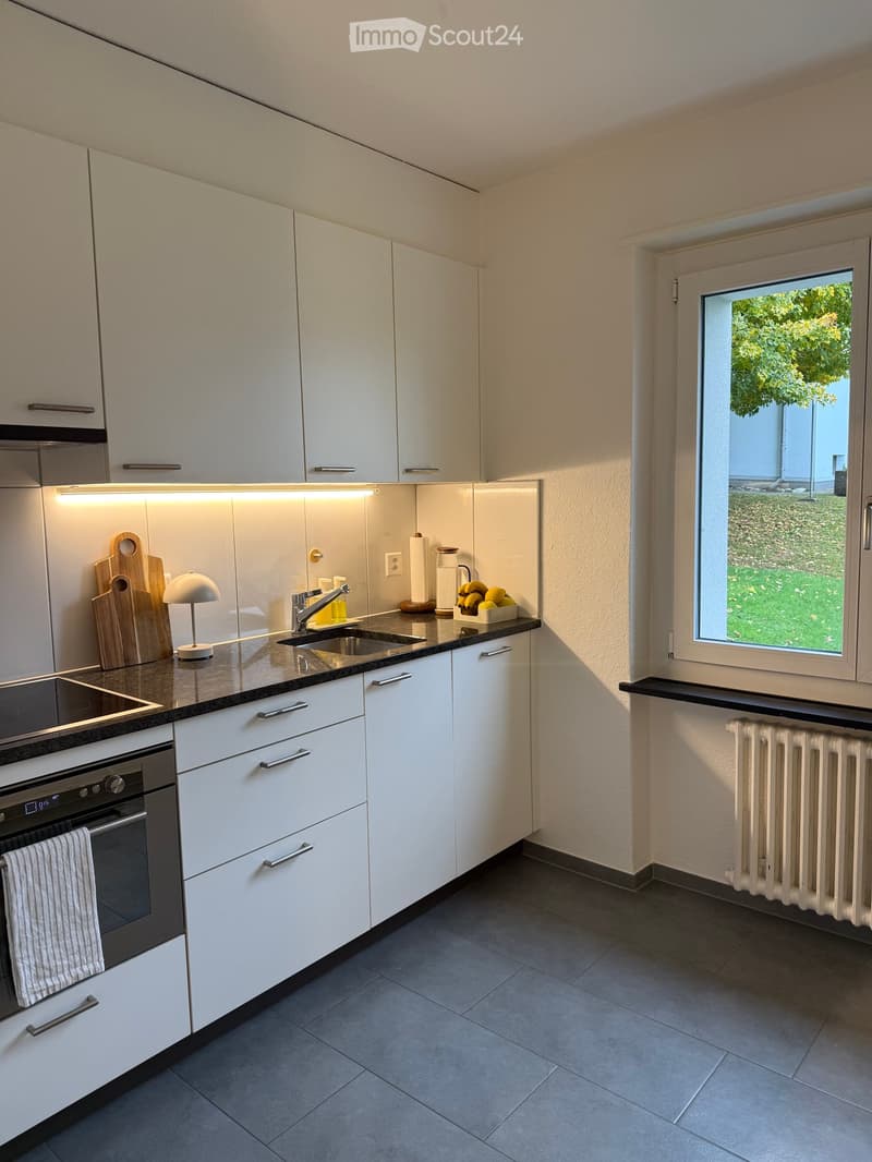 Modern kitchen with white cabinets, dark countertops, built-in oven, sink, and a window overlooking a green area.