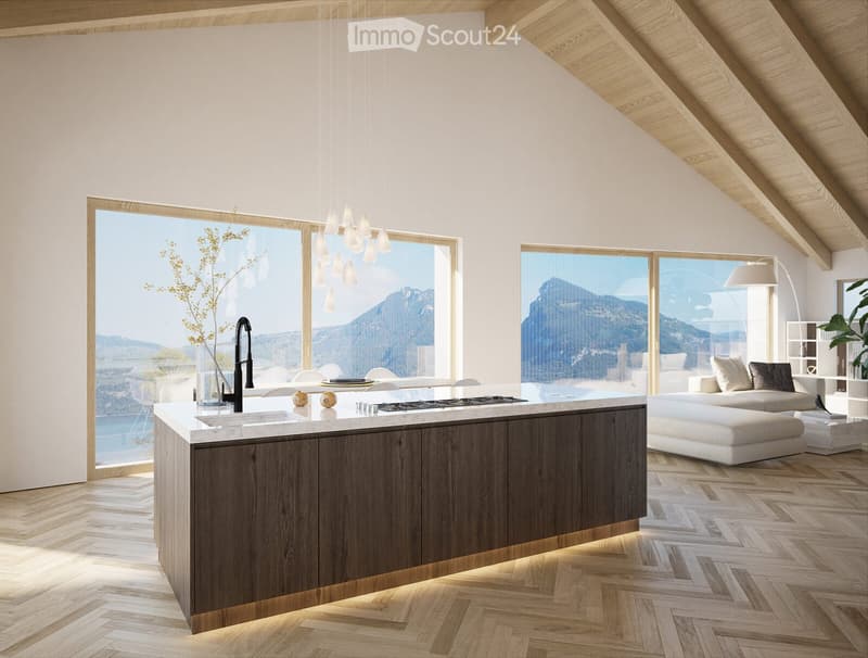 Modern kitchen with a central island, sleek wooden cabinets, and a view of mountains through large windows. Includes a sink, stove, chairs, a sofa, and decorative plants.