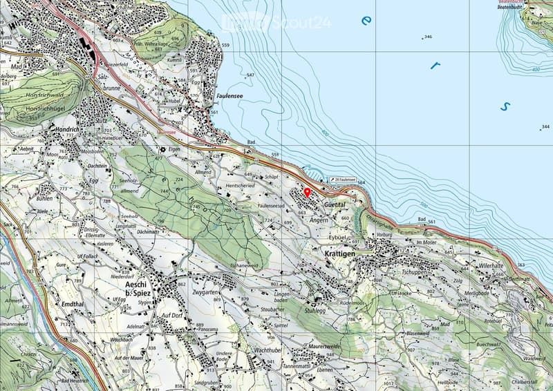 Topographic map showing geographical features, roads, and settlements in a rural area. Includes contour lines, elevation markers, and labeled locations such as villages and natural landmarks.