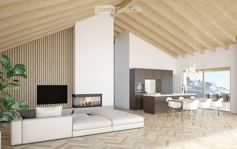 Open-plan living and dining area with a modern fireplace, a large sectional sofa, a flat-screen TV, a kitchen island, and a dining table with chairs. The space features exposed wooden beams and a view through large windows.