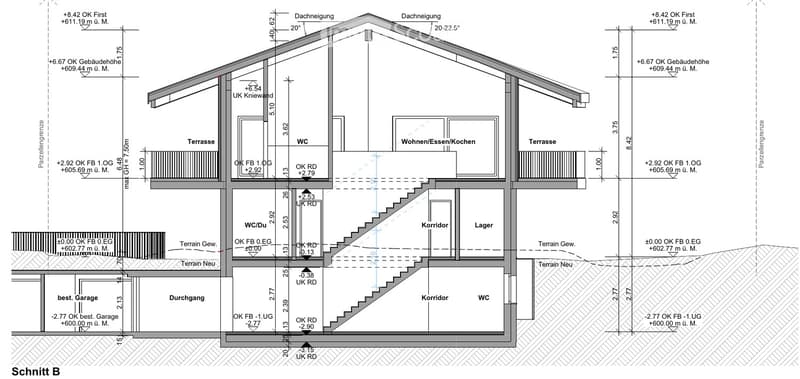 Floor plan showing a multi-level building with labeled rooms including living/dining/kitchen area, WC, corridor, storage, garage, and terraces.