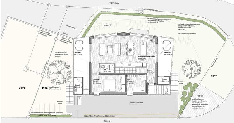 Floor plan showing a residential layout with living/dining/kitchen area, bedroom, office, WC, entrance, and outdoor terrace.