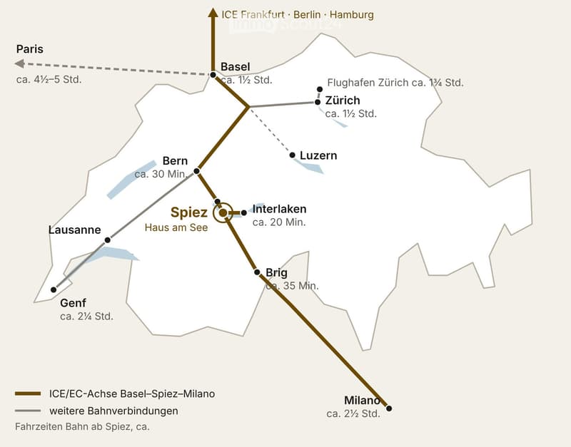 Map showing train connections from Spiez to various cities including Basel, Zurich, Interlaken, and Milano, with travel times indicated.