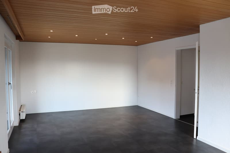 Empty room with white walls, dark tiled floor, wooden ceiling, and a small radiator near the window.