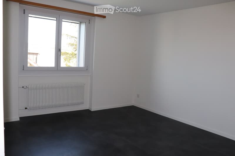 Empty room with white walls, dark flooring, a radiator, and a large window with wooden trim.