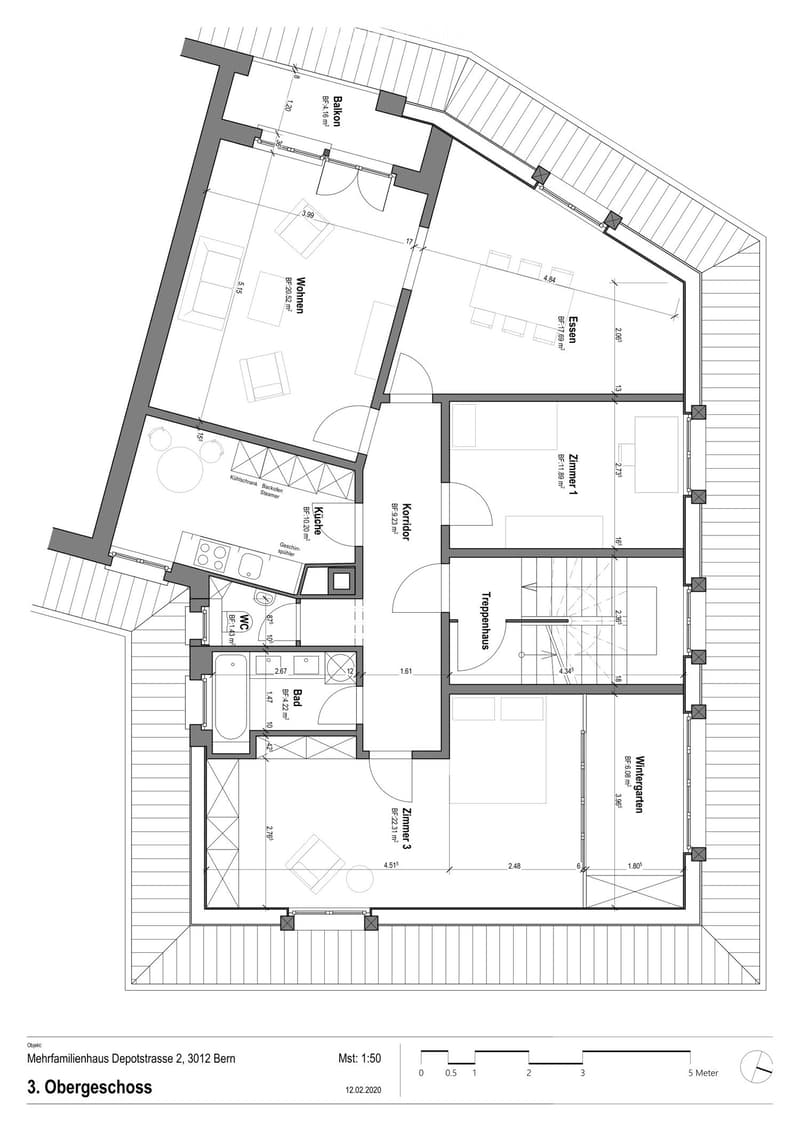 Floor plan of the upper level of a multi-family house, showing rooms including a kitchen, living area, bedrooms, and a staircase leading to the lower level.