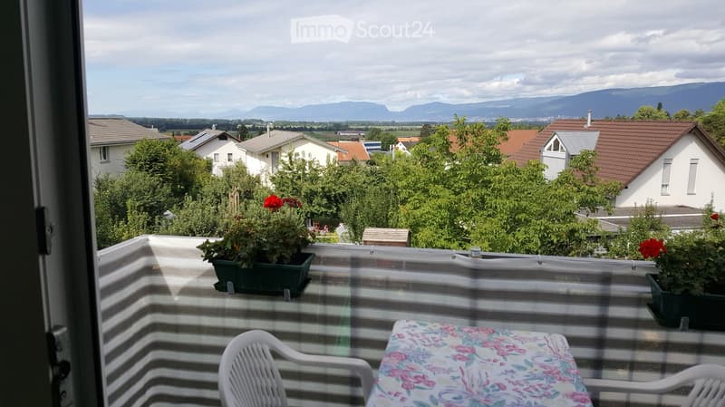 Balcony with fence, plants, table with cover, and two chairs
