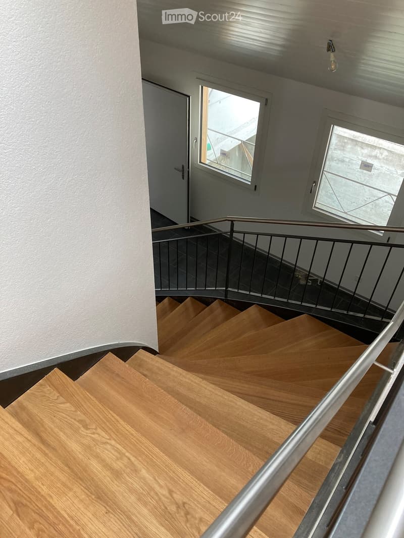 Wooden staircase with metal railing, leading to a landing area with two doors and windows.