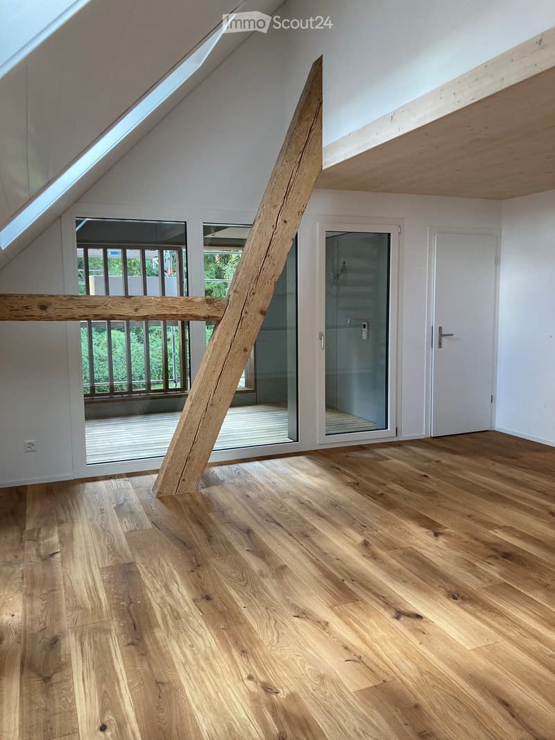 Bright, airy attic space with wooden flooring, white walls, skylights, and large windows overlooking a green area. Features a wooden railing and a glass shower enclosure visible in the background.