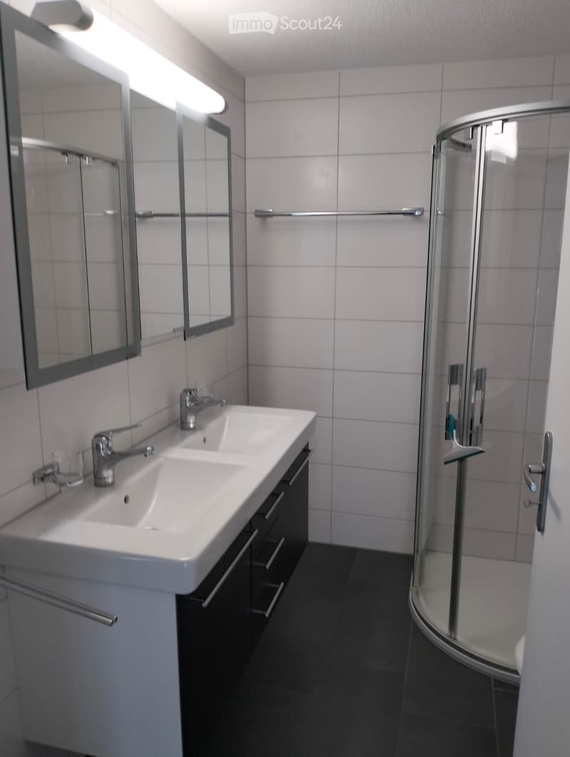 Modern bathroom with white tiled walls, a double sink vanity with chrome faucets, a large mirror, and a glass-enclosed shower stall.