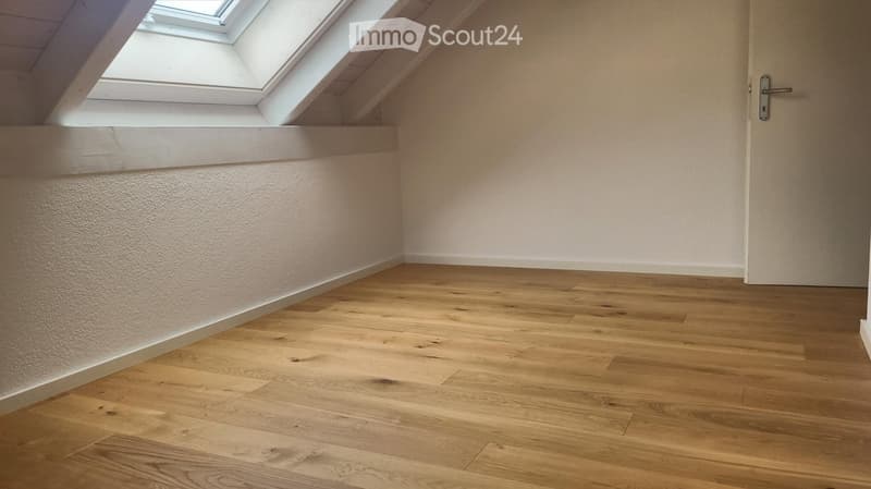 Empty attic room with wooden flooring, white walls, and a skylight window.