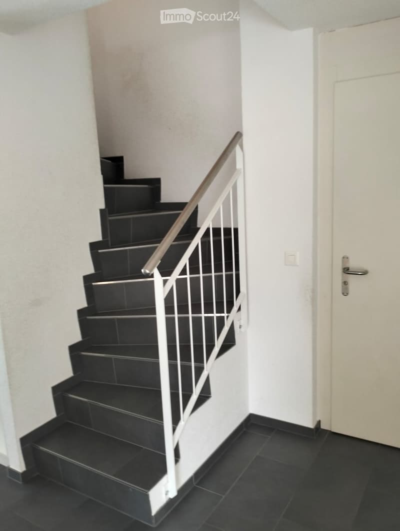 A narrow hallway with a staircase leading upwards, featuring black tiled steps and a white metal railing, with a closed white door on the right side.