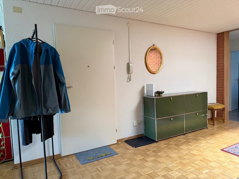 A small hallway or entryway with a coat rack, a green cabinet, a small stool, a mirror, and a telephone.