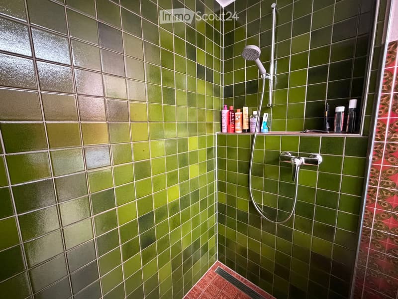 Shower area with green tiled walls, a handheld showerhead, a shelf holding various toiletries, and a red-tiled floor.
