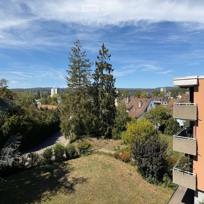 Aerial view of a suburban neighborhood with houses, trees, and a grassy area, featuring a clear blue sky and distant hills.