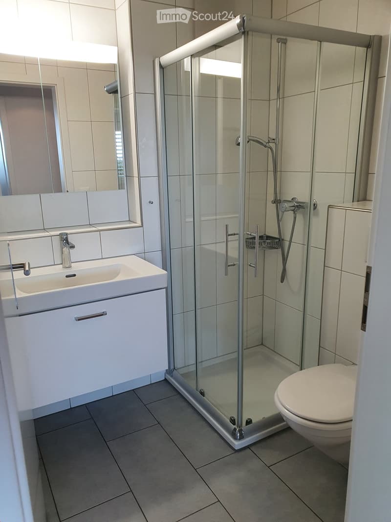 Modern bathroom with a white sink, mirror, toilet, and glass-enclosed shower. The walls are tiled in light beige, and the floor is covered with grey tiles.