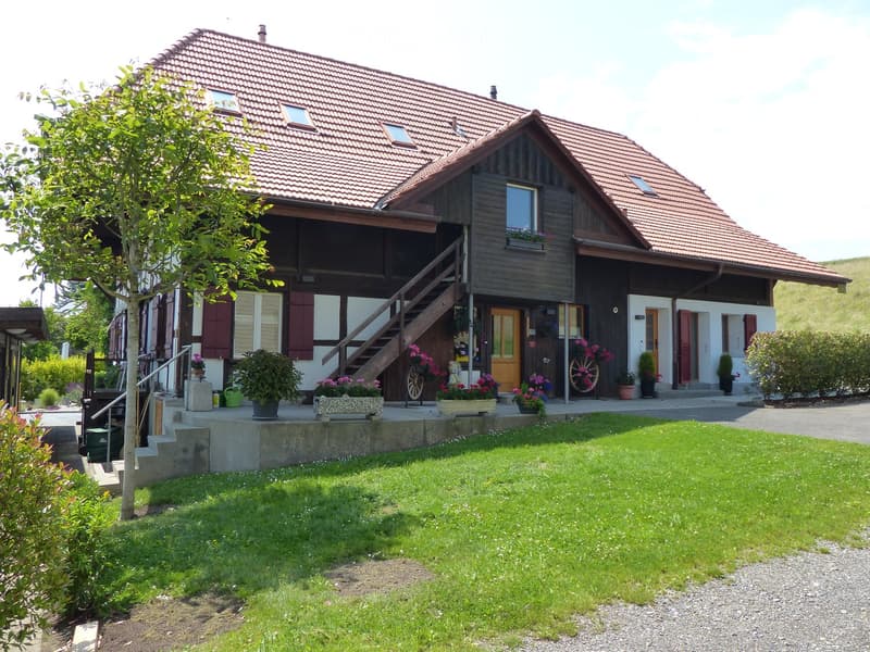 Two-story house with red-tiled roof, wooden facade, multiple windows, and a well-maintained garden with potted plants and a staircase leading to the entrance.