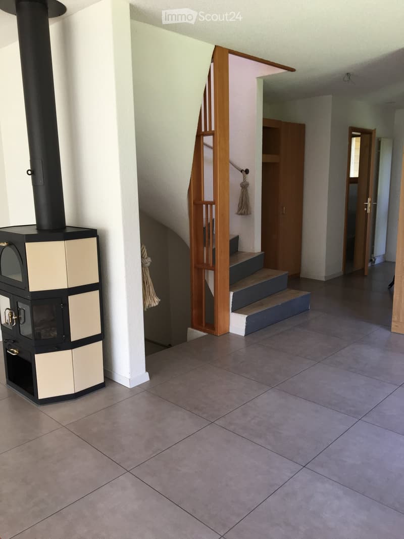Hallway with tiled floor, wooden staircase, and a black wood-burning stove on the left side.
