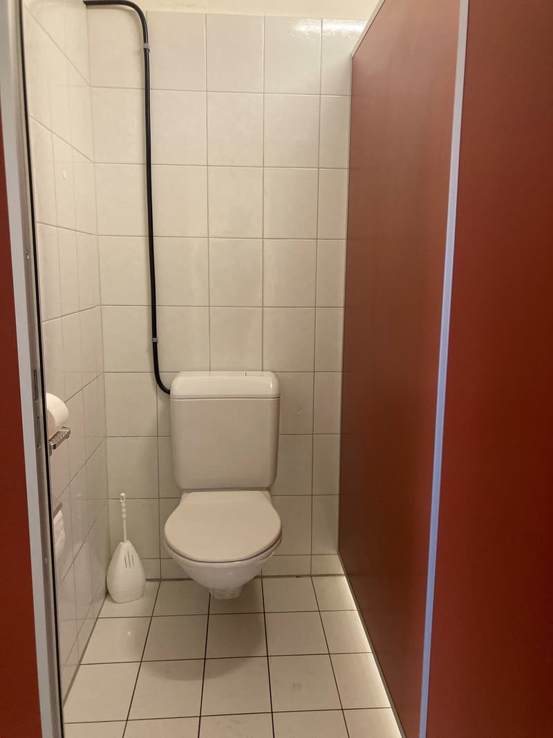 A small, white tiled bathroom with a toilet and a brush on the floor.
