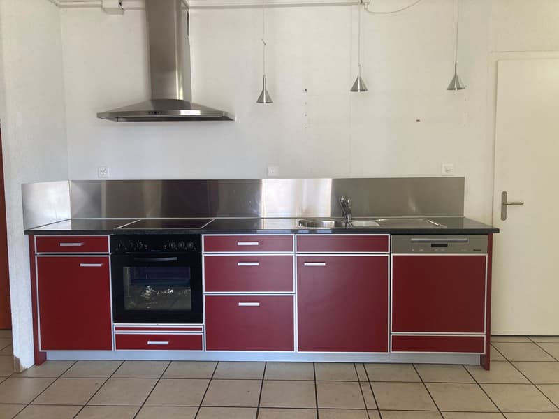 Red kitchen cabinets, stainless steel countertop, modern oven, built-in dishwasher, kitchen sink
