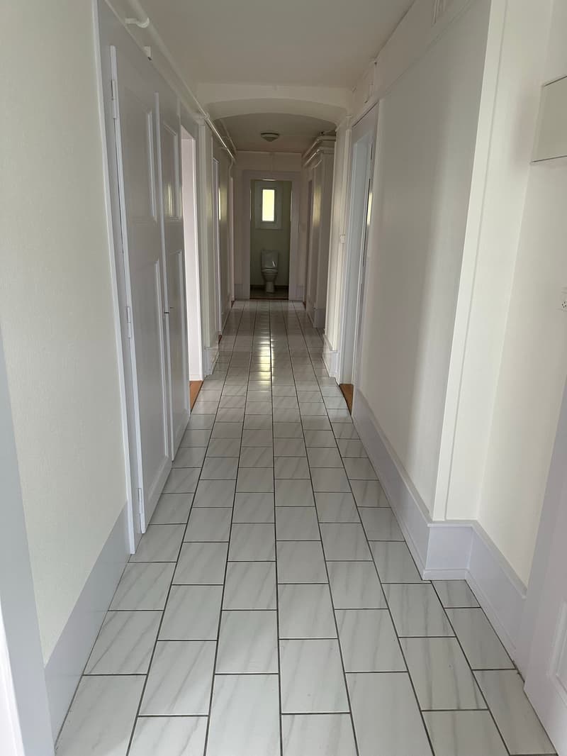 Long, straight corridor with white tiles, white walls, white doors, central light, toilet at the end