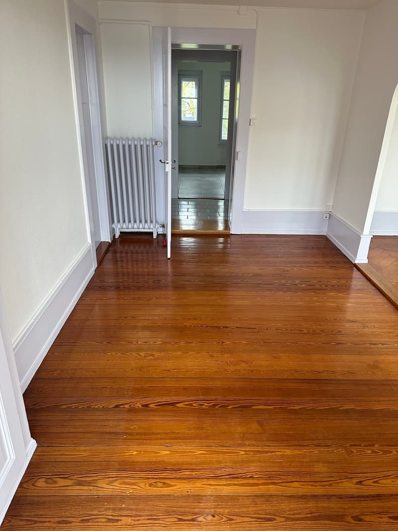 Hardwood floor, white walls, open doorways, radiator