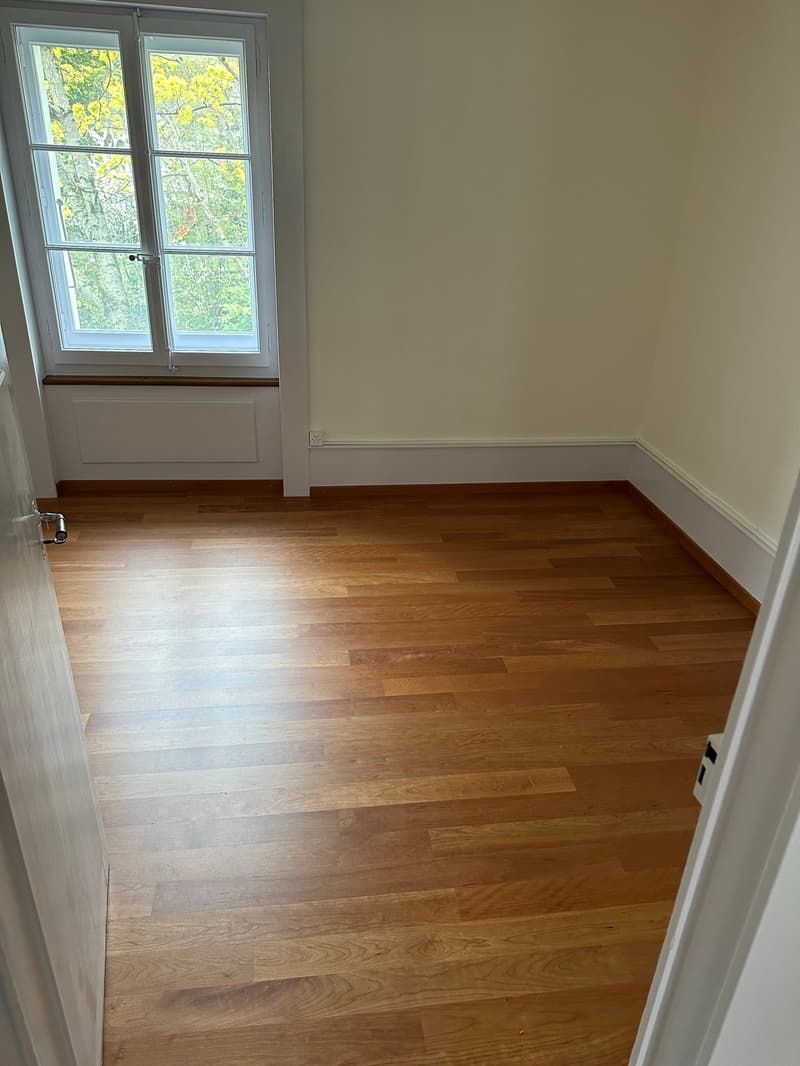Empty room with white walls, wooden floor, large window with a view of the outside, electrical outlet on the wall