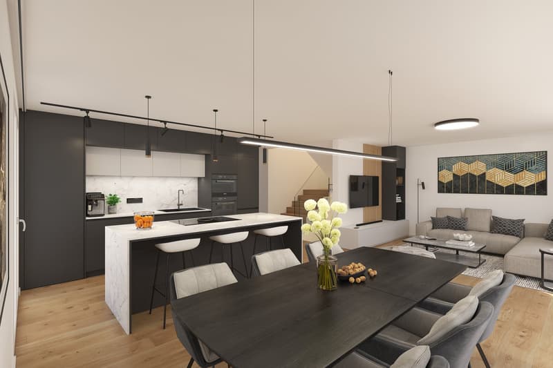 open-plan kitchen and dining area, modern black furniture, white marble countertop, white backsplash, central island with bar stools, large dining table, central chandelier, hanging track lighting, gray sectional sofa, coffee table, artwork on wall, large