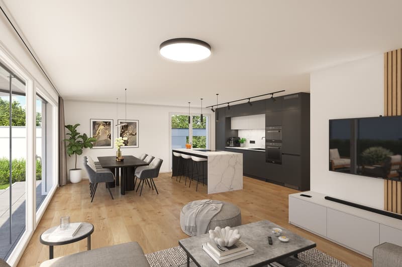 modern kitchen, dining area, living room, marble countertop, island with stools, large window, glass door, open floor plan, large windows, open to terrace